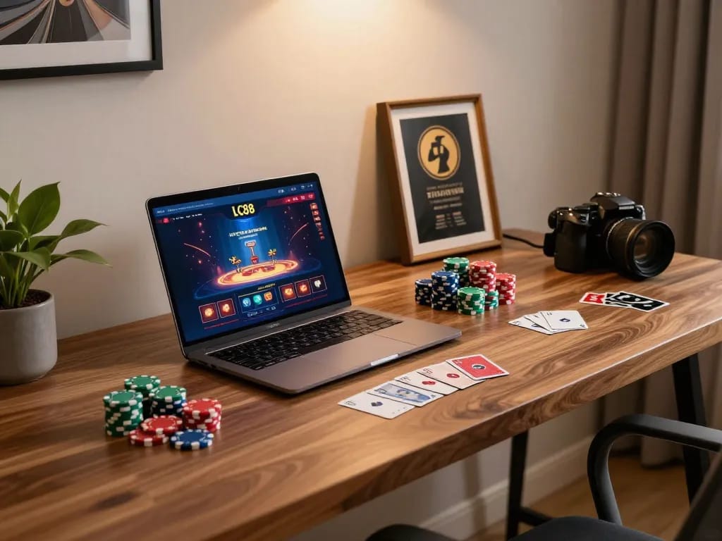 Engaging with the LC88 casino interface at home, showcasing modern gaming strategies and responsible gambling.