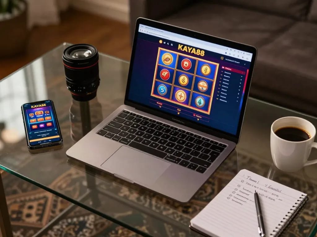 KAYA88 player enjoying online casino gaming on a laptop with vibrant slot graphics