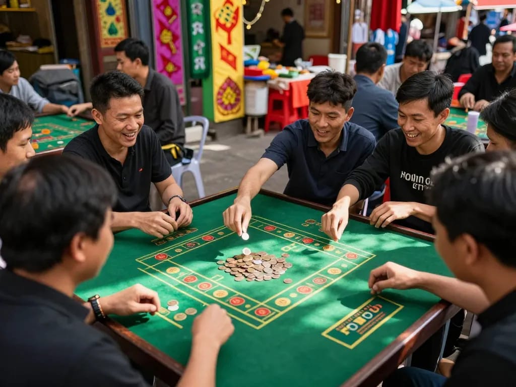 xóc đĩa players engaging in a vibrant gambling game at a market.