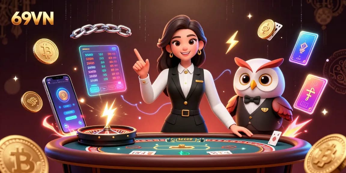 Experience the excitement at 69VN with a stylish dealer and interactive gaming elements.