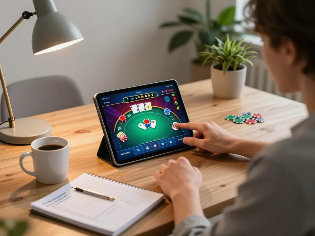 Engaging in online poker on a tablet while managing betting strategies at 789win.