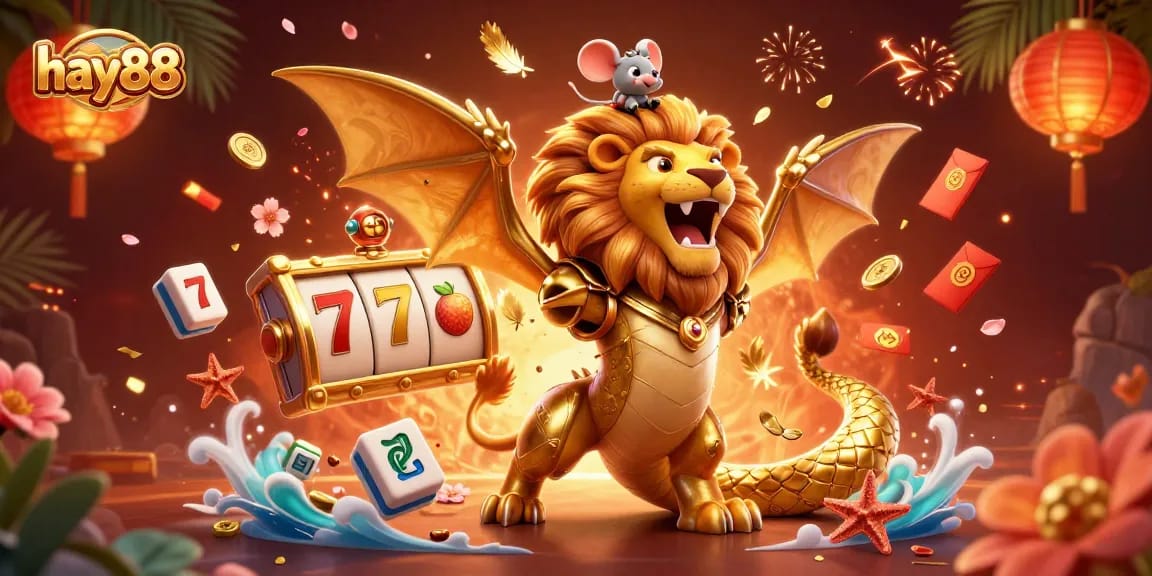Experience the excitement of hay88 with a triumphant chimera and mouse jockey amid a vibrant casino scene.