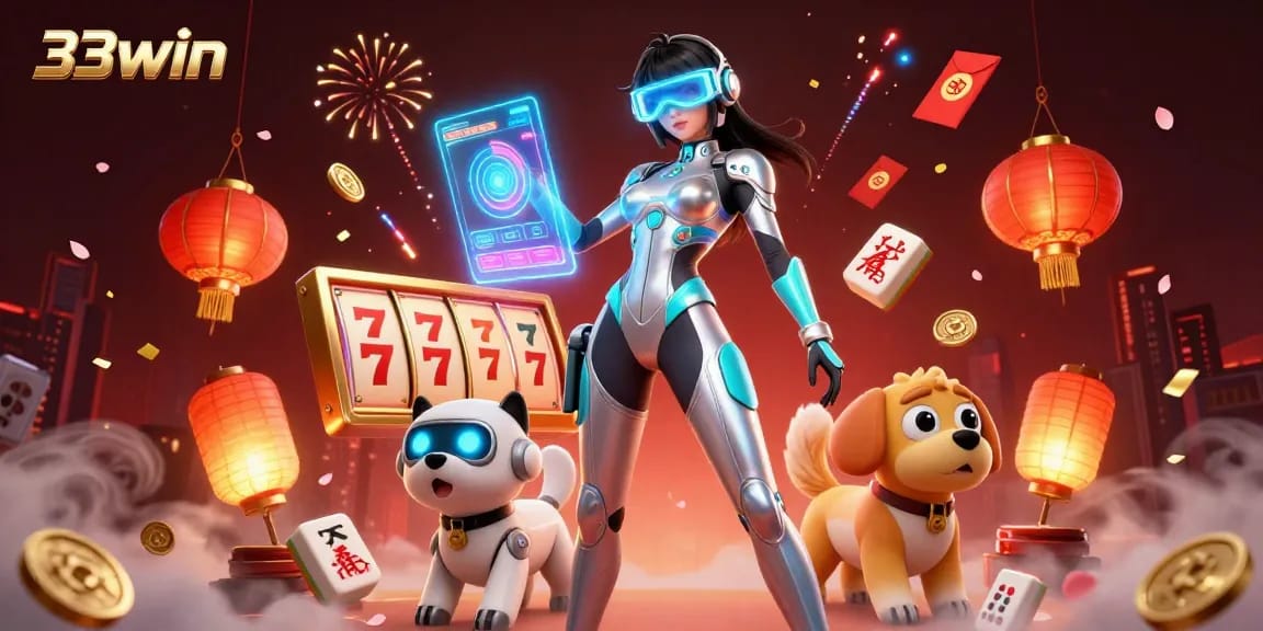 Experience thrilling gameplay with 33win featuring a futuristic woman and robot dog in a vibrant casino scene.