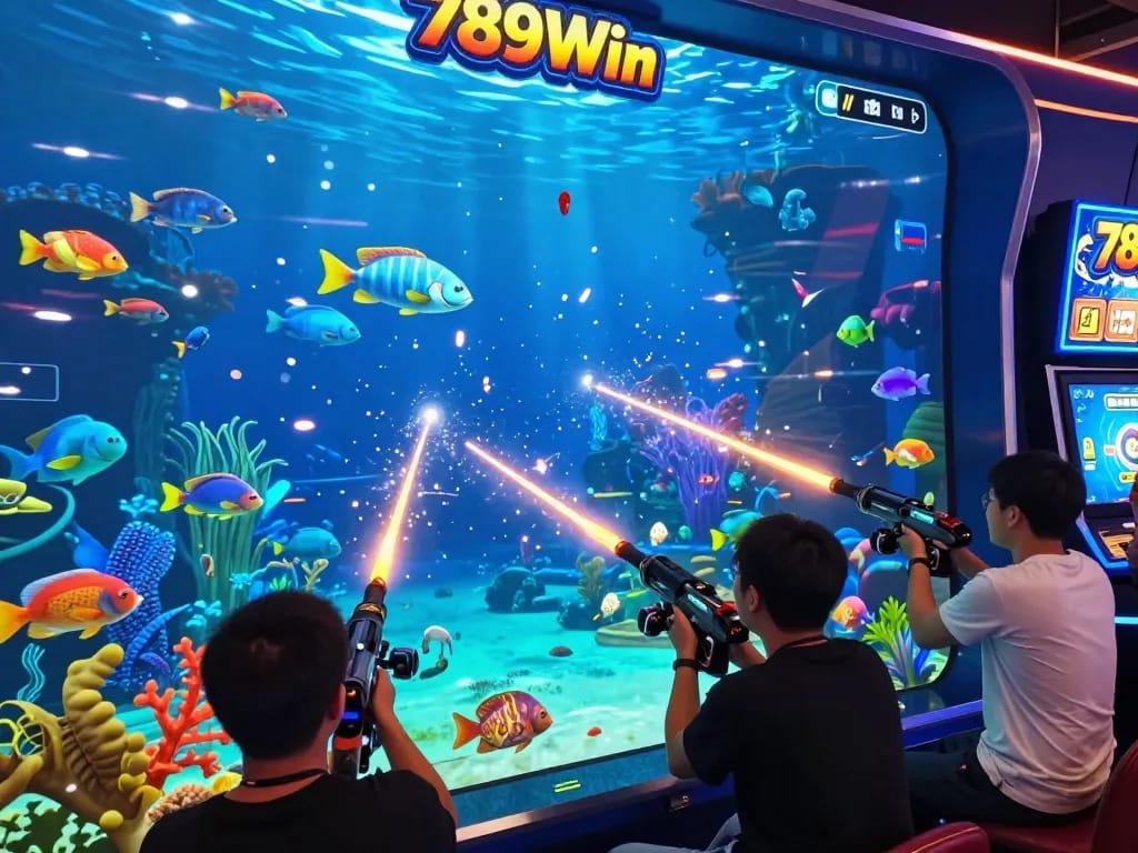 Players engaging in the thrilling 3D fishing game at 789Win, targeting vibrant underwater fish.
