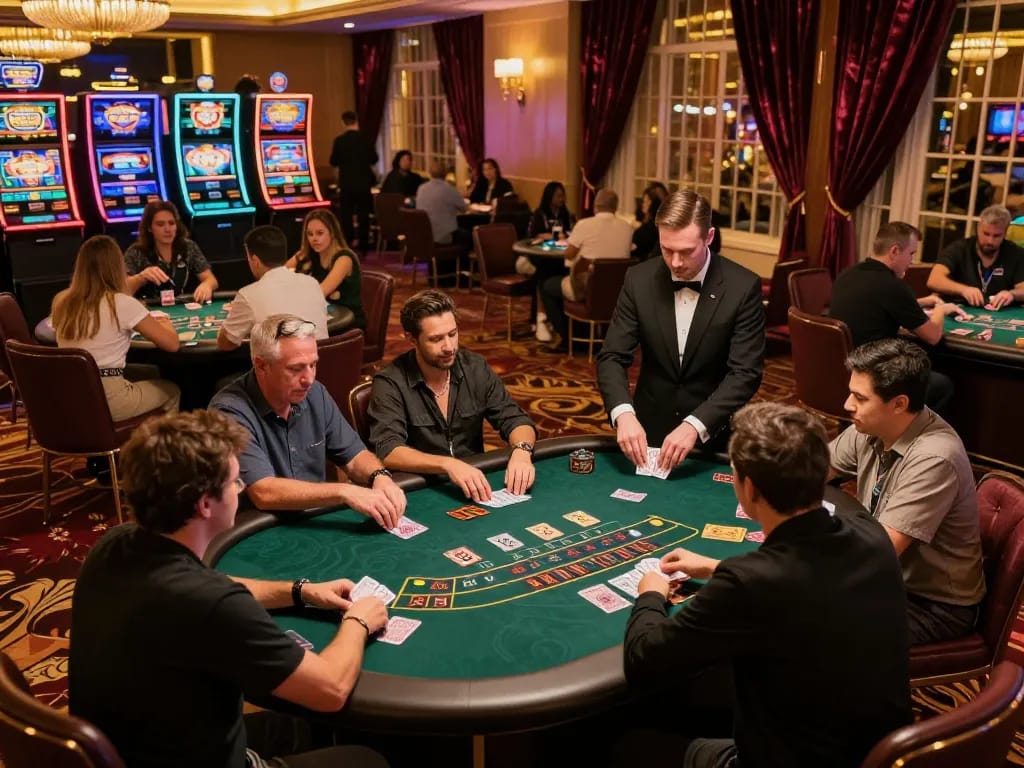 hd88 players engaged in intense blackjack gameplay on a luxurious casino floor with vibrant slot machines in background
