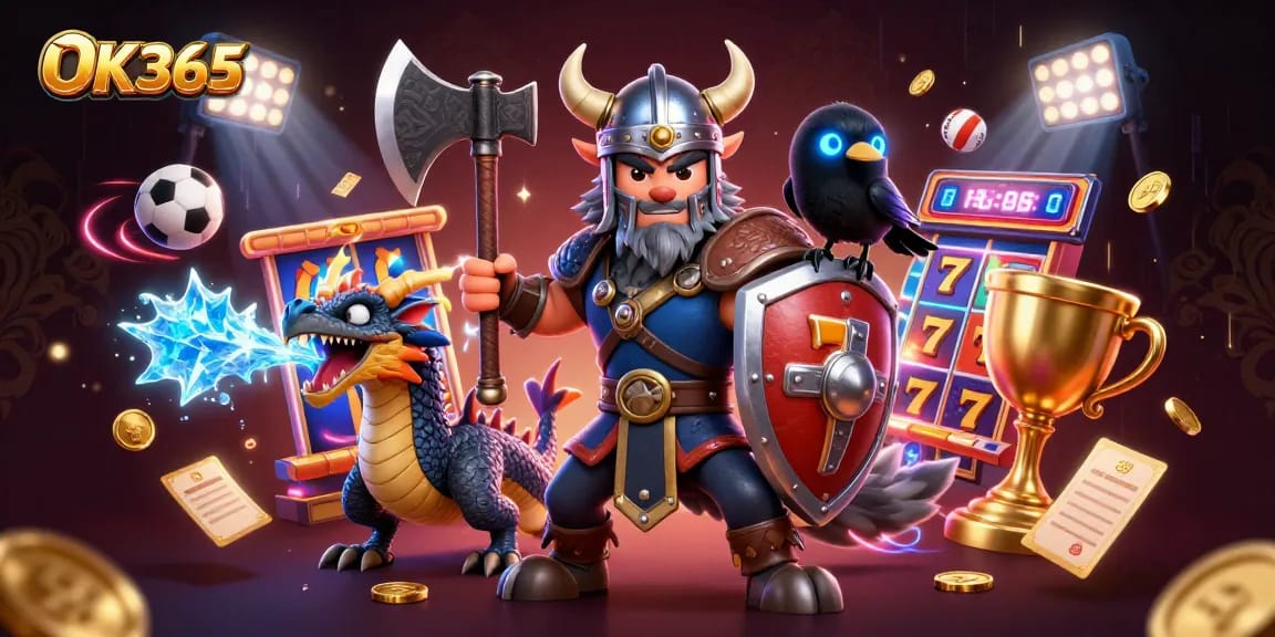 Experience exciting gaming adventures at OK365 with vibrant 3D characters and dynamic casino elements.