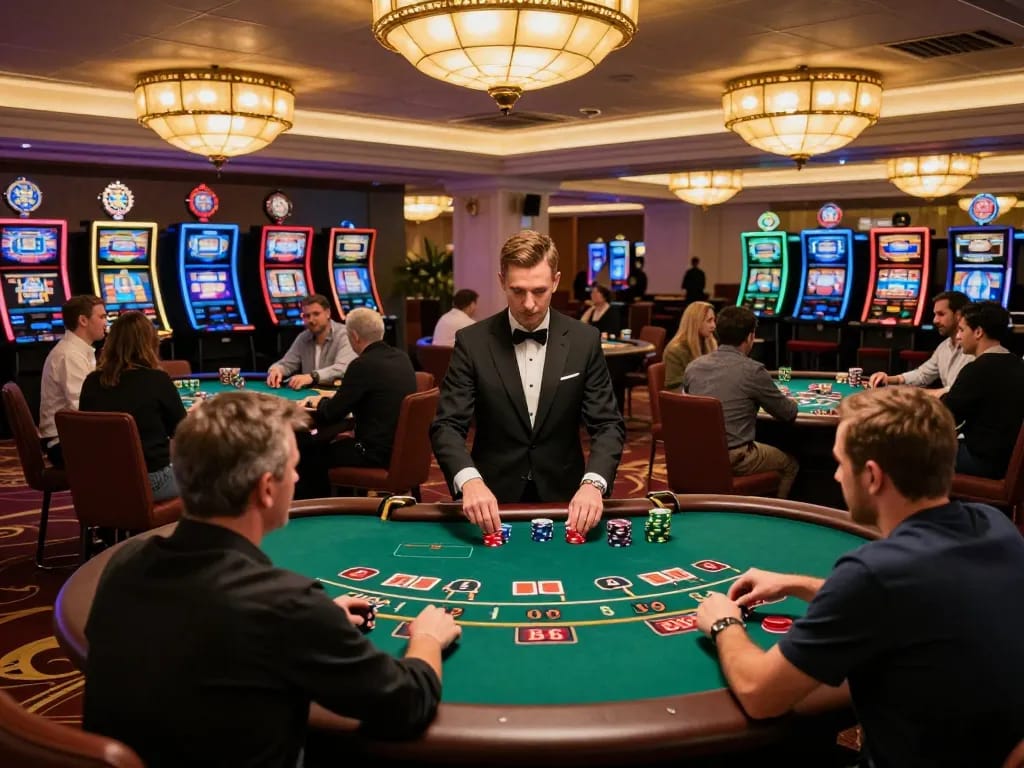 Experience the excitement of luck8 with players engaged at blackjack tables in a vibrant casino.
