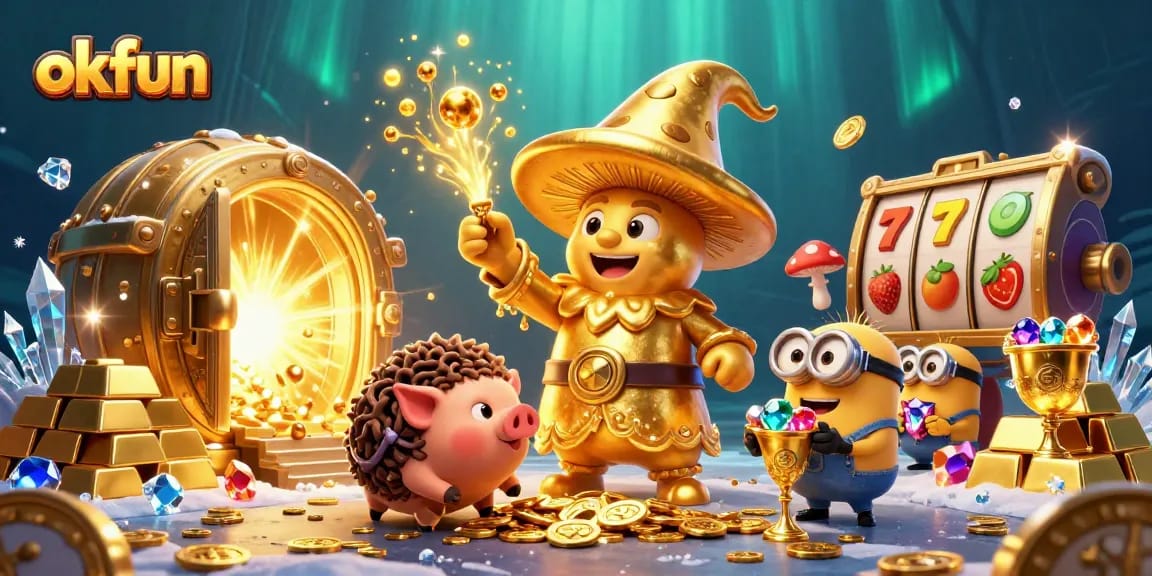 Enhance your gaming experience with okfun's thrilling casino elements showcasing a wizard and treasures.