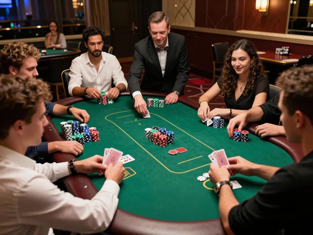Experience an intense poker game at 789win with colorful chips and engaged players in a vibrant casino setting.