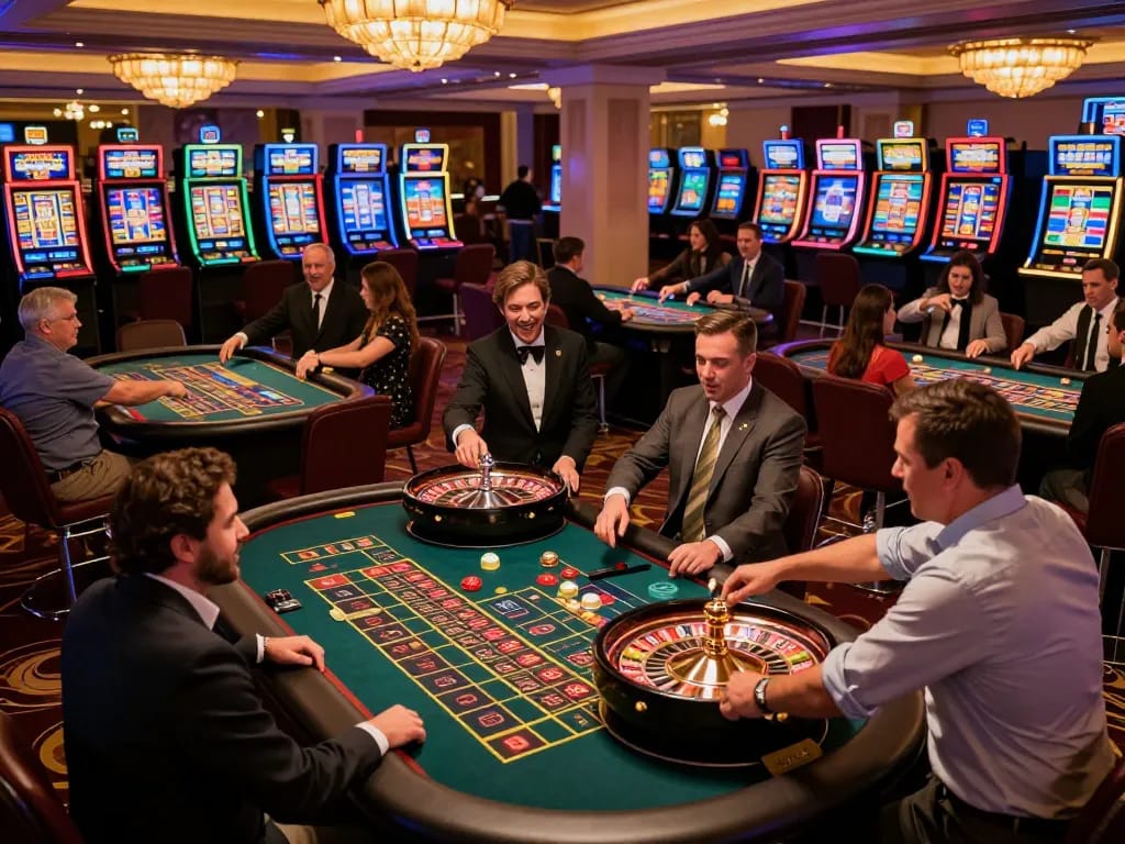 Dabet players engaged at roulette tables during an exhilarating casino night.