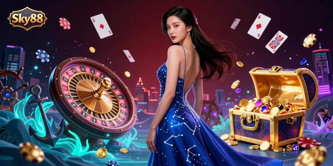 Experience the thrill of Sky88 with dazzling casino elements and an elegant theme in a vibrant 3D illustration.