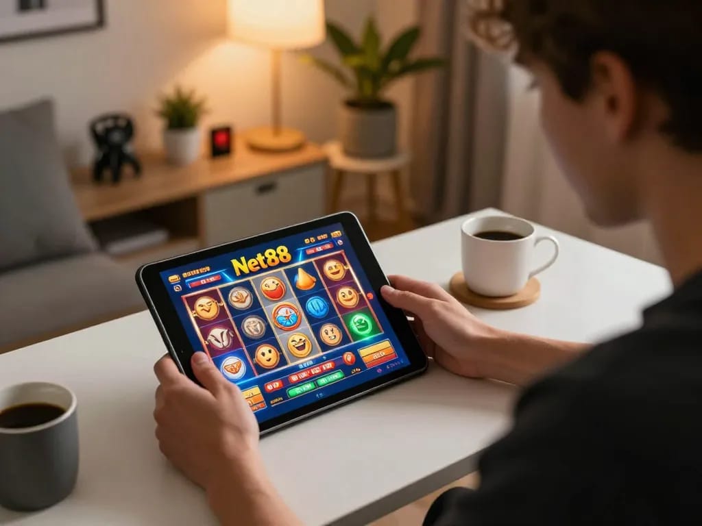 Play net88 with a focused player enjoying a thrilling online slot game at home