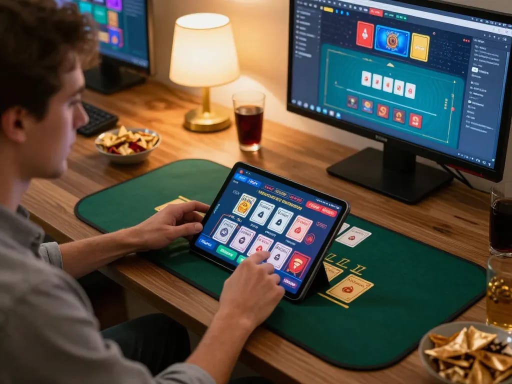 Good88 player immerses in live dealer blackjack on tablet with vibrant interface and cozy atmosphere.