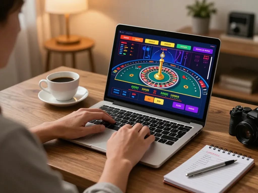 Fly88 player engaging with live dealer games in a cozy home office, emphasizing online gambling experience.
