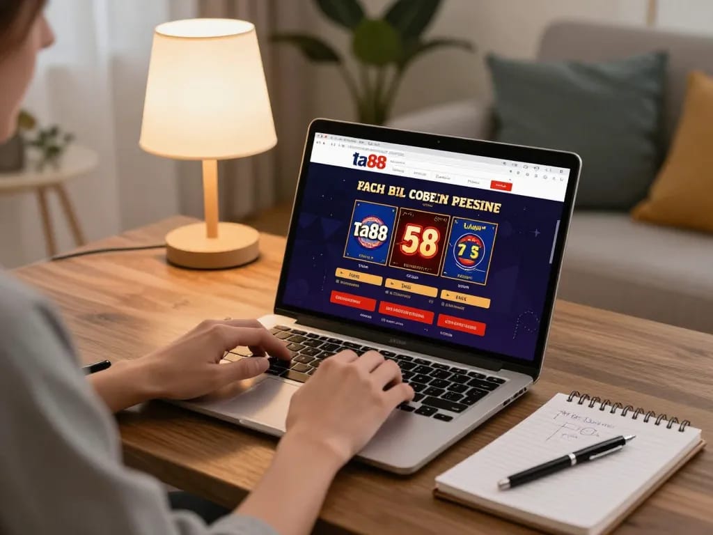 Engaging in online gaming on ta88 with a cozy setup, laptop showing casino interface.