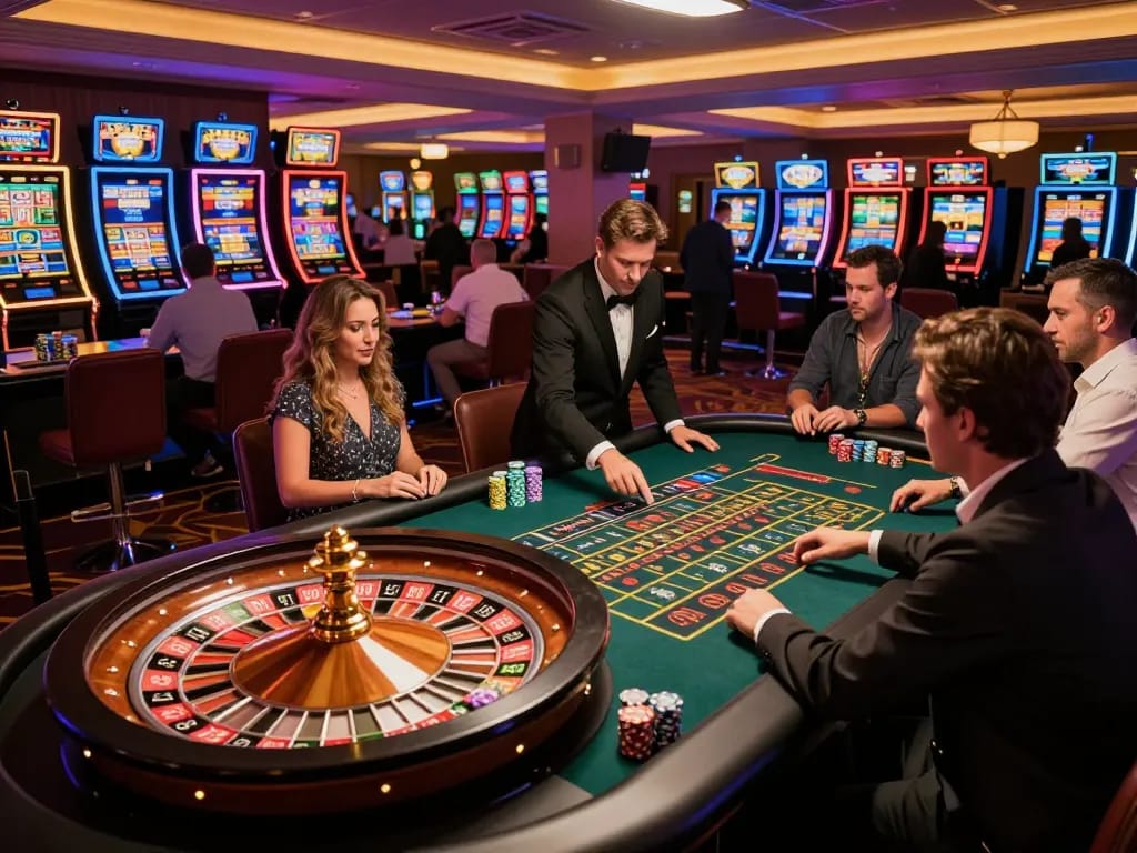 Players at a roulette table in a lively casino showing excitement while using the gen-e platform for betting.