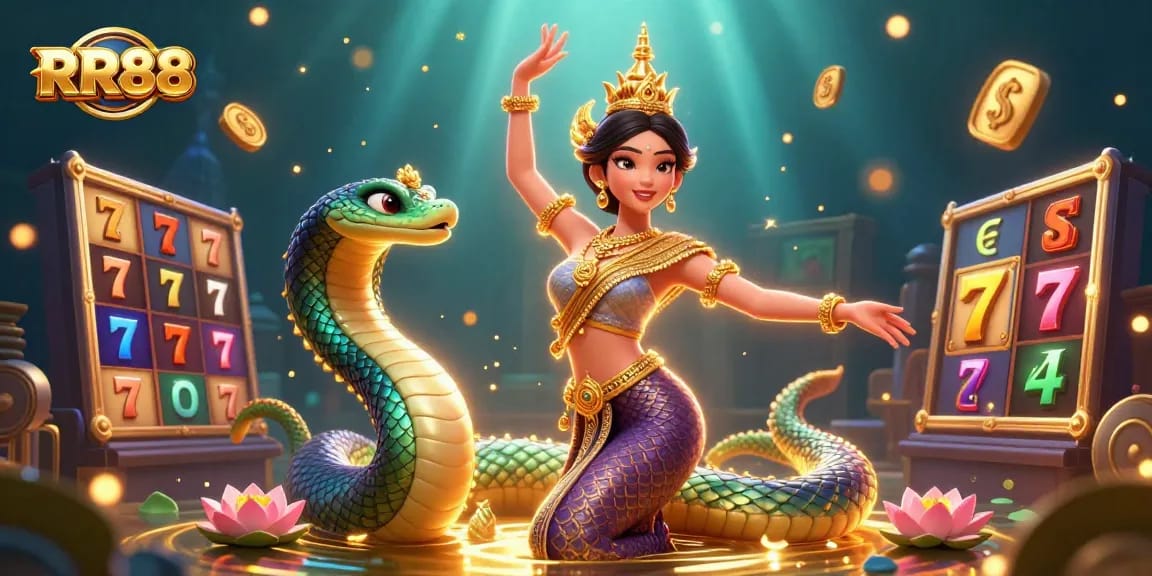 Spin the reels at RR88, featuring a Thai dancer and Naga with vibrant slot machine elements.