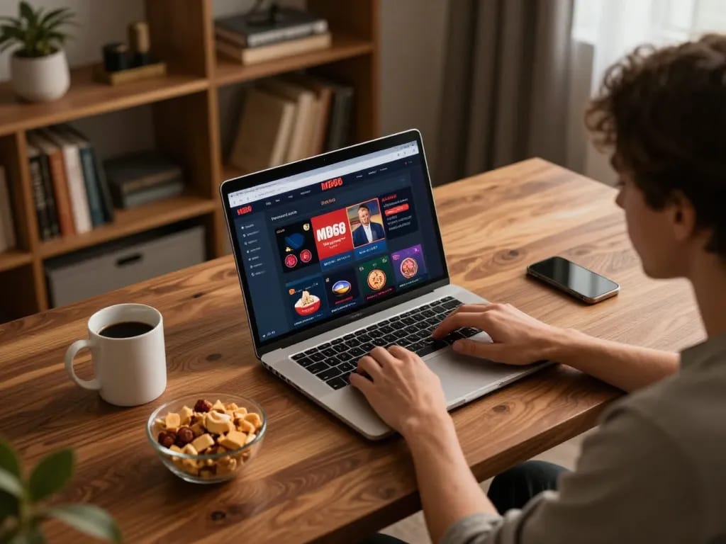 Engaging in online gambling using the mb66 app on a stylish gaming setup with coffee.