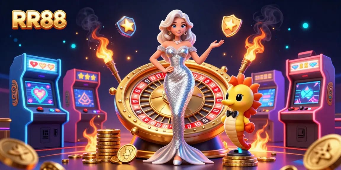 Experience the thrill of RR88 gaming with a 3D mermaid by a golden roulette wheel, vibrant casino elements all around.