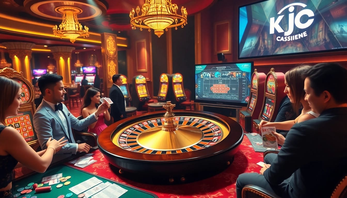 KJC gamblers betting at an luxurious casino table featuring roulette wheels and cards.