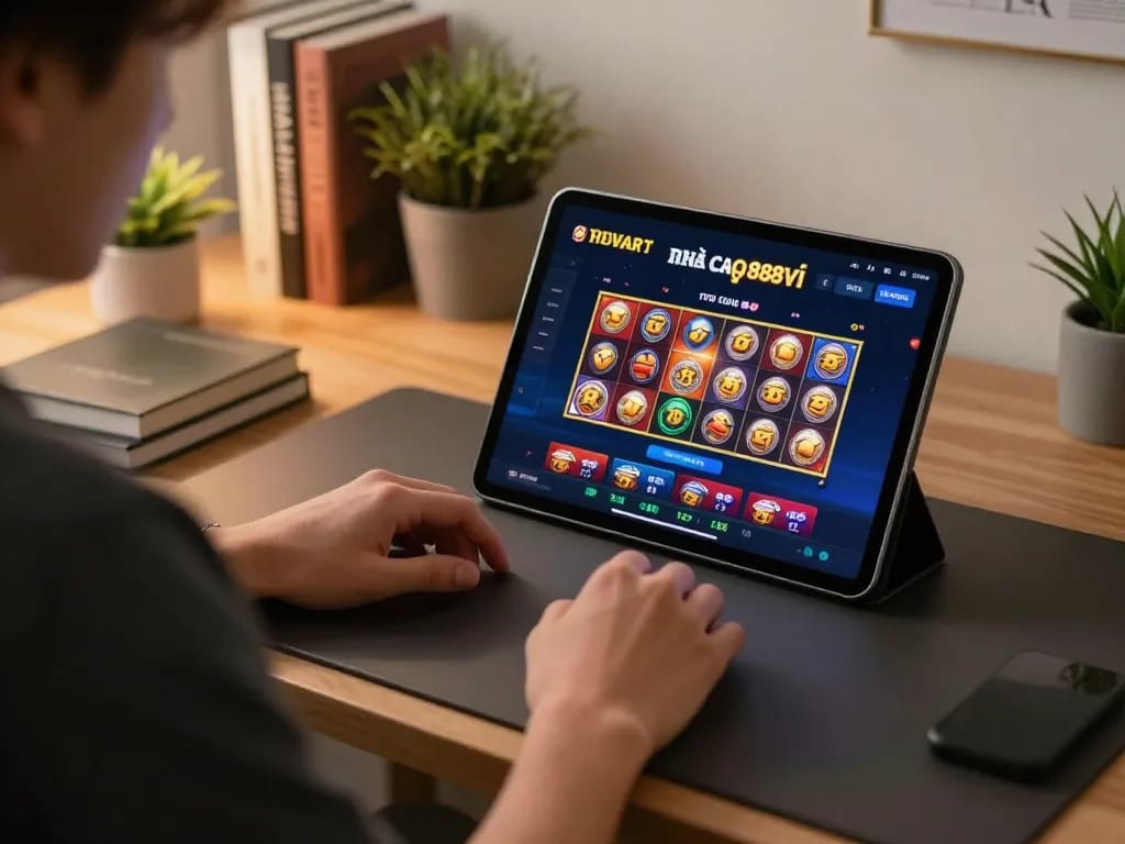 Play online at nhà cái 888VI with engaging tablet gameplay in a cozy home office.