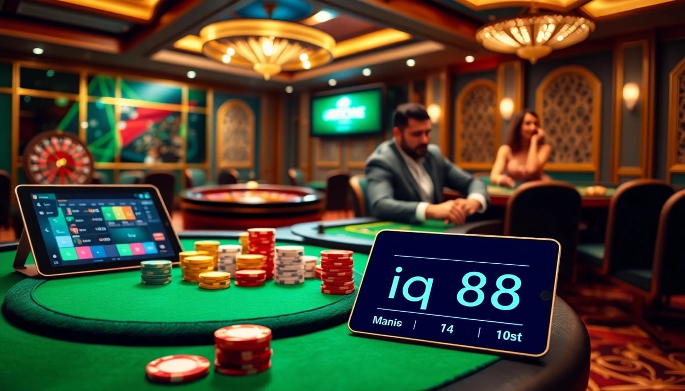 Engaging scene of iq88 casino with poker players and vibrant game atmosphere.