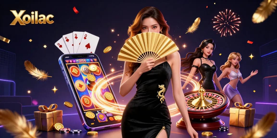 Xoilac brings thrilling casino excitement, showcasing a stunning Asian woman in a dark velvet dress and captivating slot games.