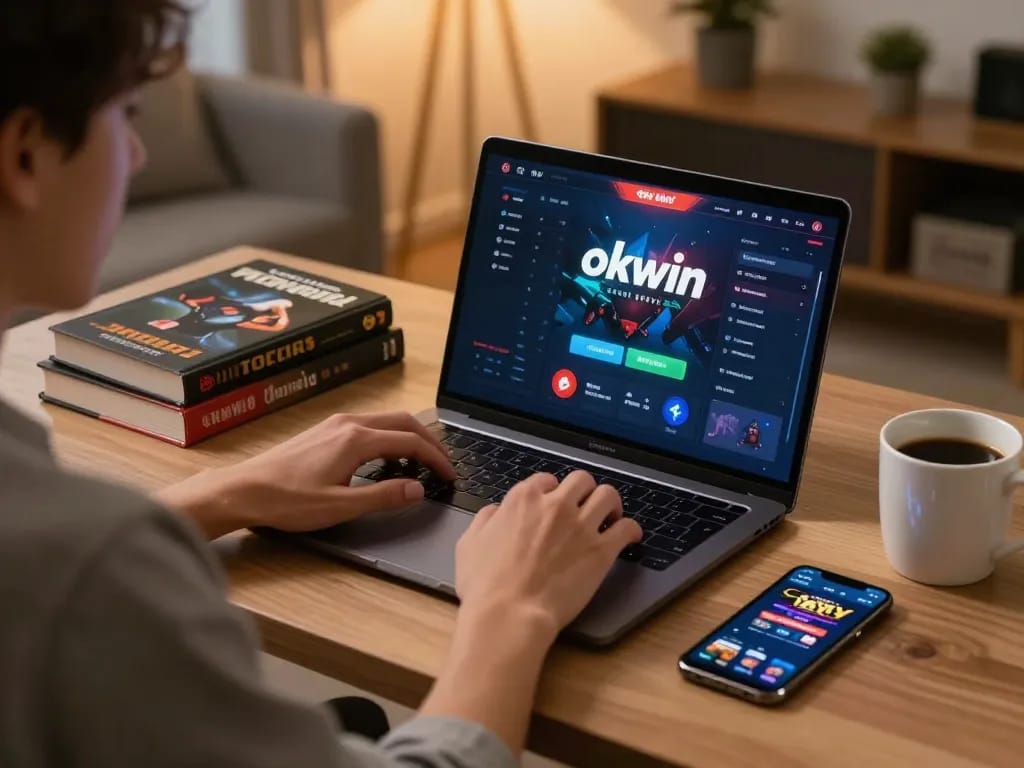 Engaging in okwin online gaming with a laptop and strategy notes at a cozy home office.