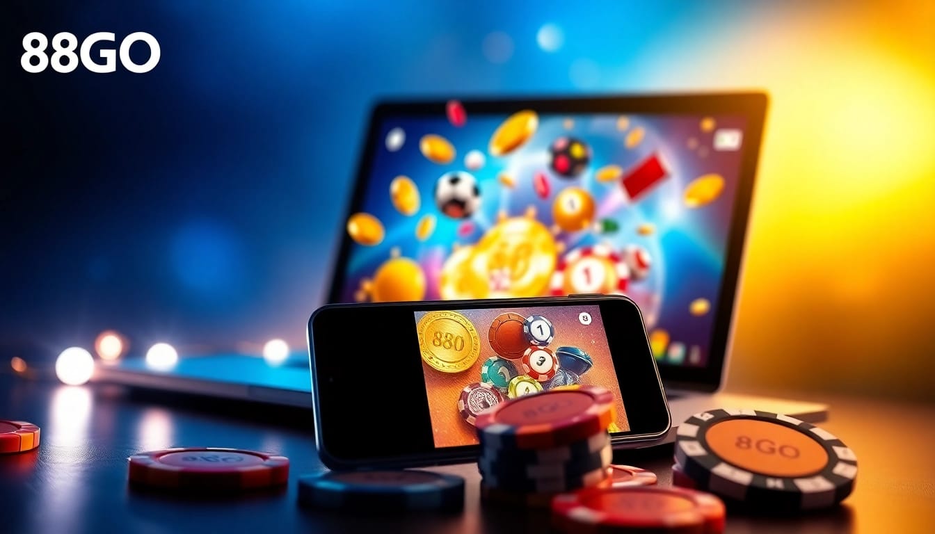 Link vào 88GO on a smartphone and laptop, showcasing a dynamic online gambling experience with modern design and vibrant colors.