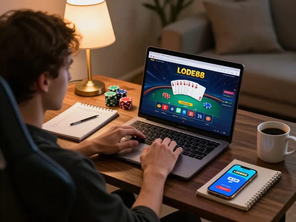 Engaging with LODE88 platform while enjoying a vibrant online poker game in a cozy home setting.