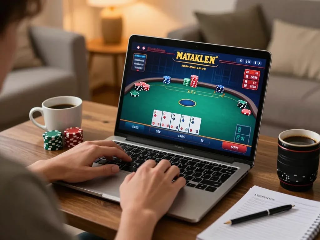 Player enjoying a thrilling poker game on ko66 site with cozy home elements, showcasing online gambling experience.