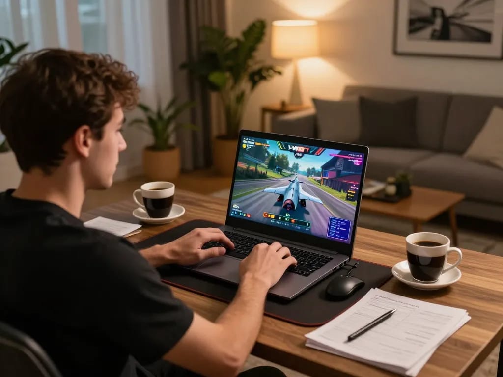 Player strategizing while enjoying F168 online casino games on a laptop in a cozy home setting.