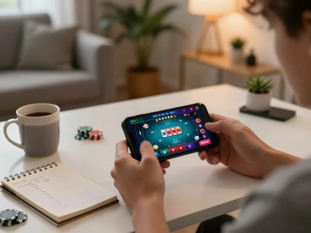 Engaging mobile gaming experience with vmax casino app on smartphone during cozy home session