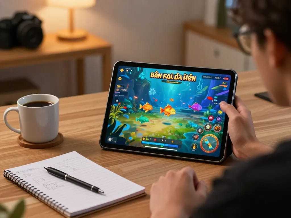 bắn cá đổi thưởng gameplay on tablet in cozy home setup with strategy notes and warm lighting