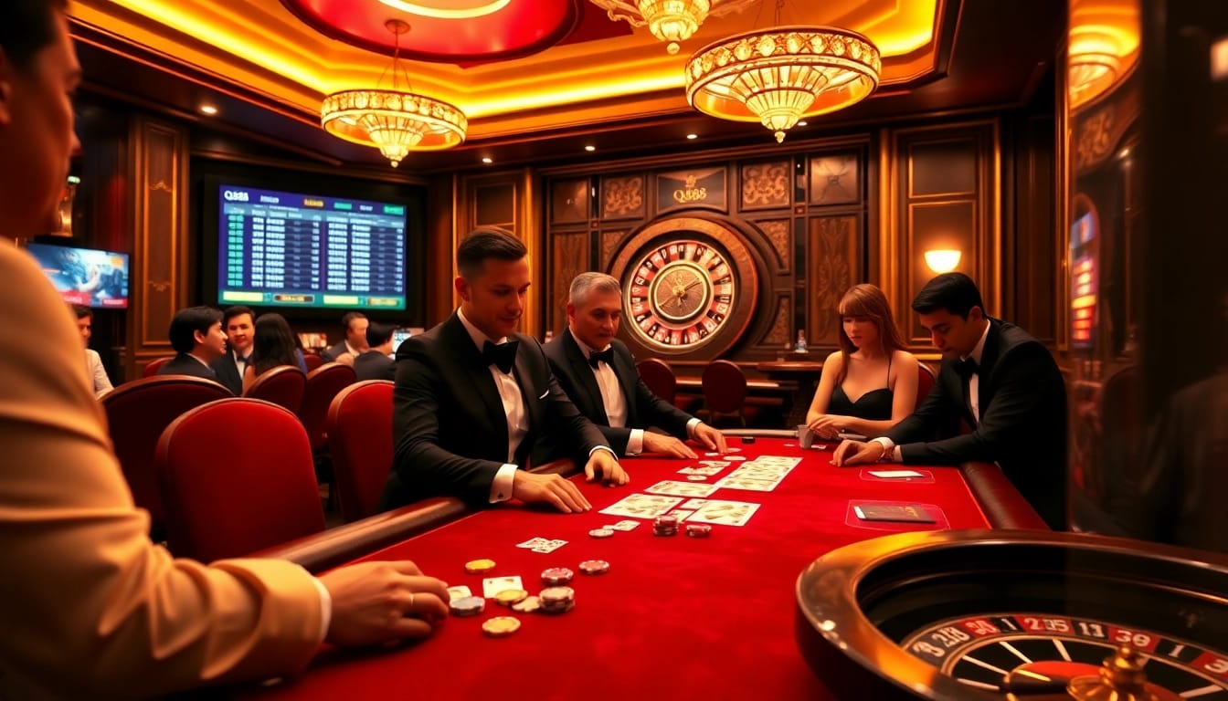 Excited players strategize their moves at a QQ88 poker table within a lavish casino environment.