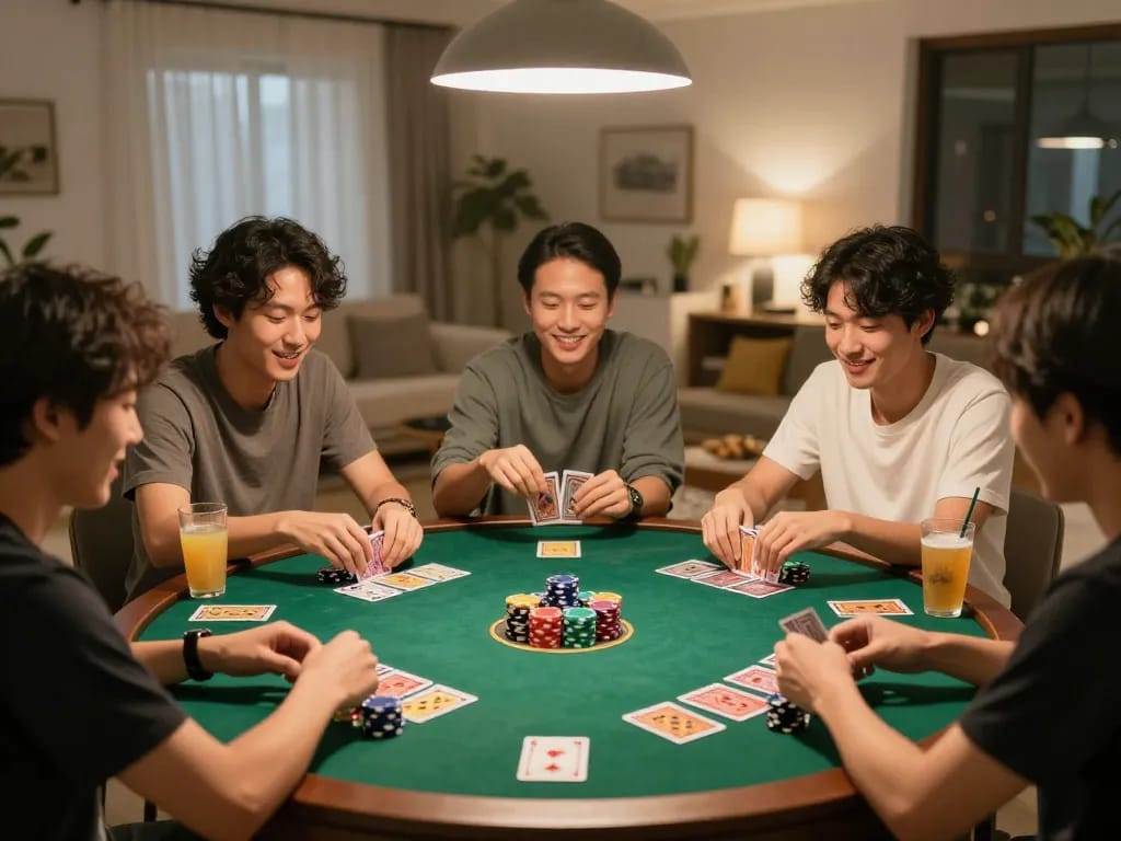 Playing game bài with friends at home, vibrant atmosphere with cards and chips visible