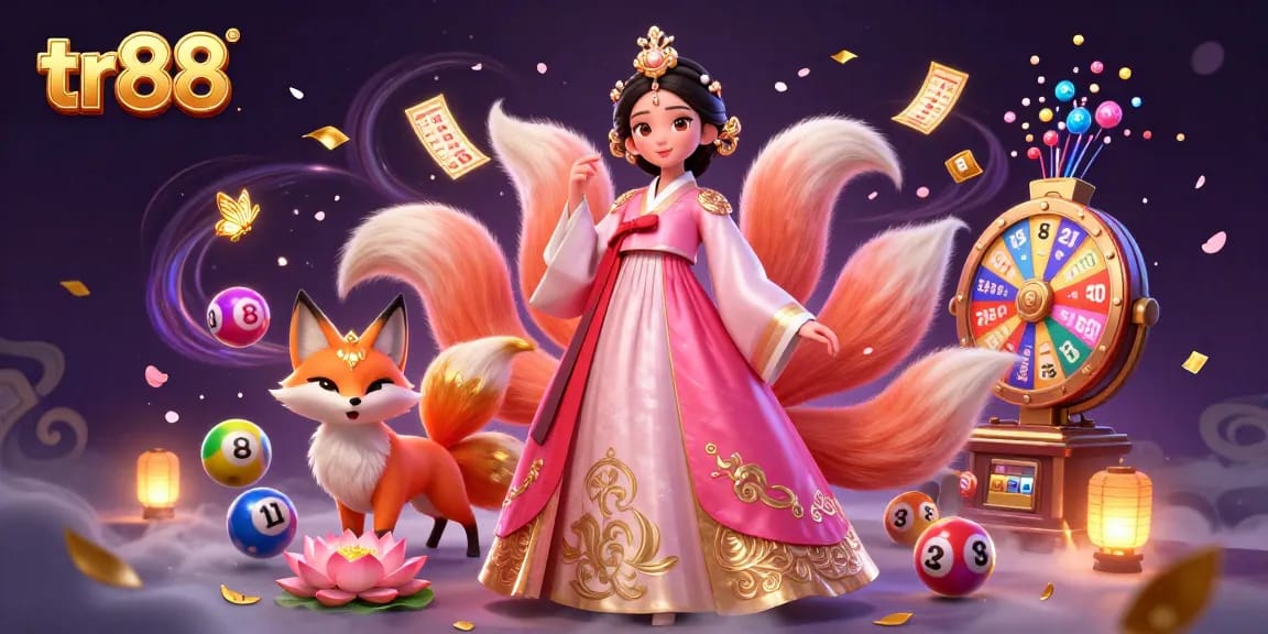 Win big with tr88 in this colorful illustration featuring dynamic lottery elements and playful characters.