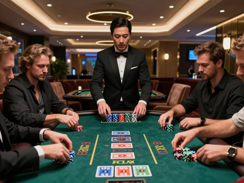 MM88 blackjack players making strategic bets with colorful chips in a stylish casino setting.