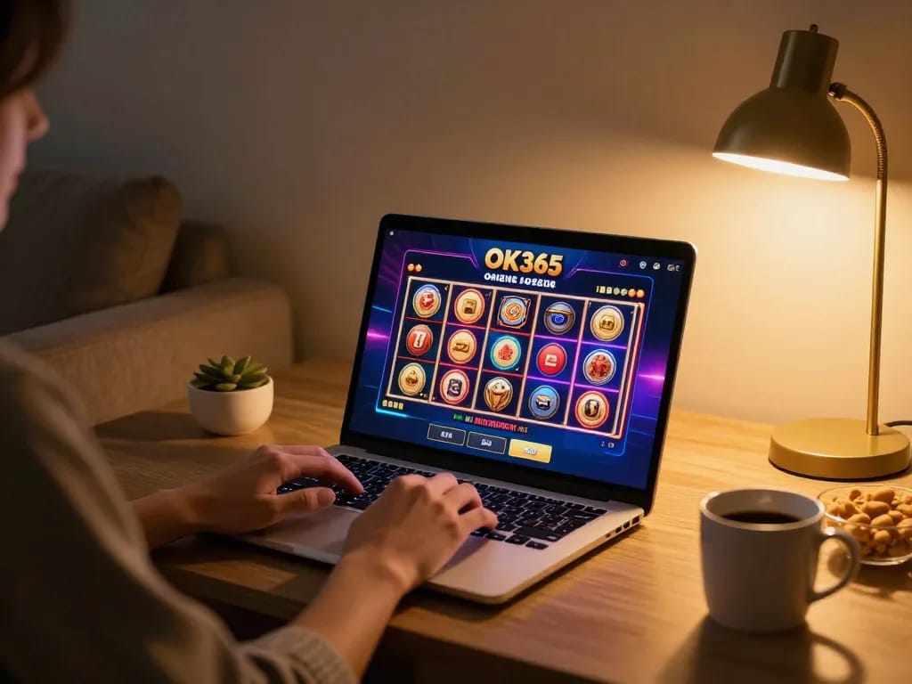 Engaging in OK365 online casino gaming at a cozy home setup, showcasing vibrant slots interface and strategic planning.
