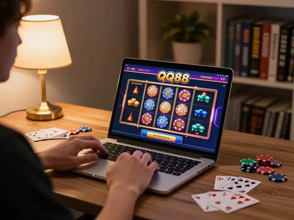 Person playing QQ88 on a laptop at home, surrounded by colorful casino elements and strategy notes.