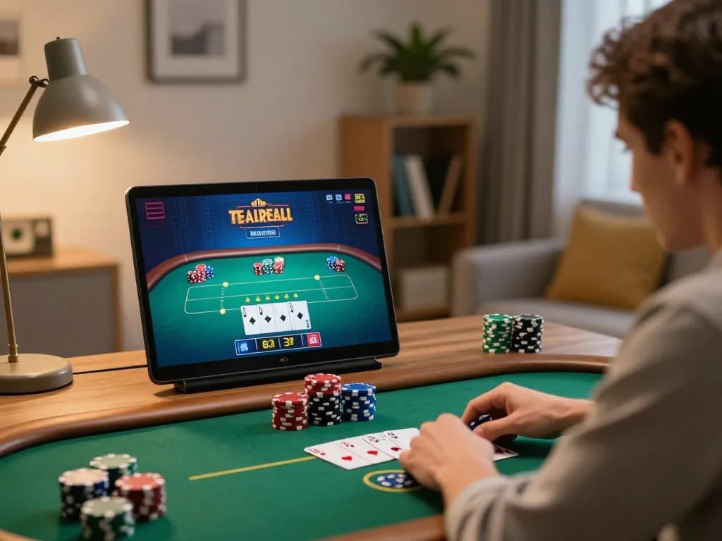 HELLO88 players engaging in thrilling online poker action with a cozy atmosphere.