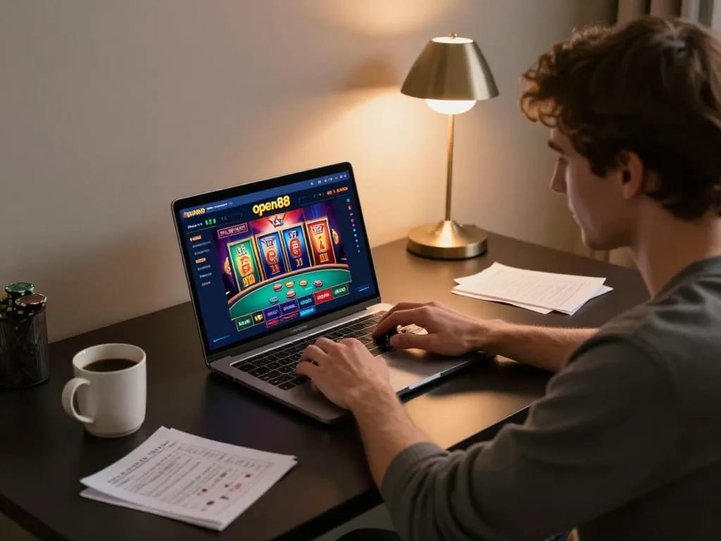 Engaged player using open88 online casino on laptop, showcasing vibrant game interface and strategic notes.