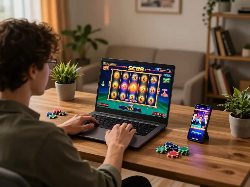 SC88 online casino session with slot machine gameplay and poker chips on the desk.