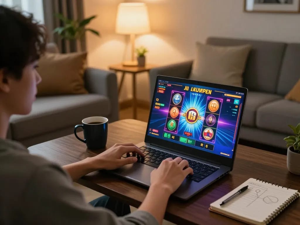 Engaged player enjoying jili slot games on laptop in stylish home setup, showcasing dynamic online gaming.