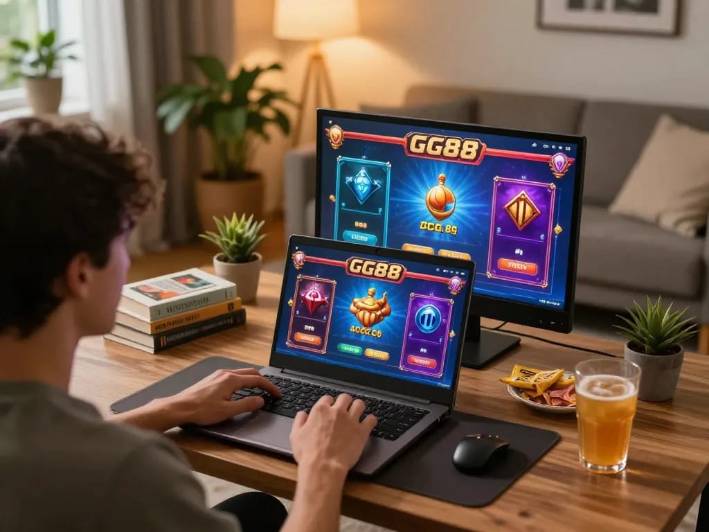 Engaging in online gaming at home with GG88 on the laptop, creating a strategic gaming atmosphere.
