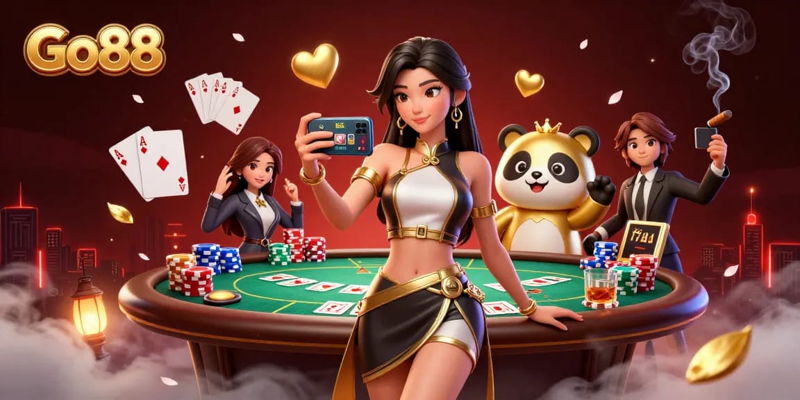 Play exciting casino games with Go88, featuring an Asian woman and a golden panda in a vibrant gaming scene.