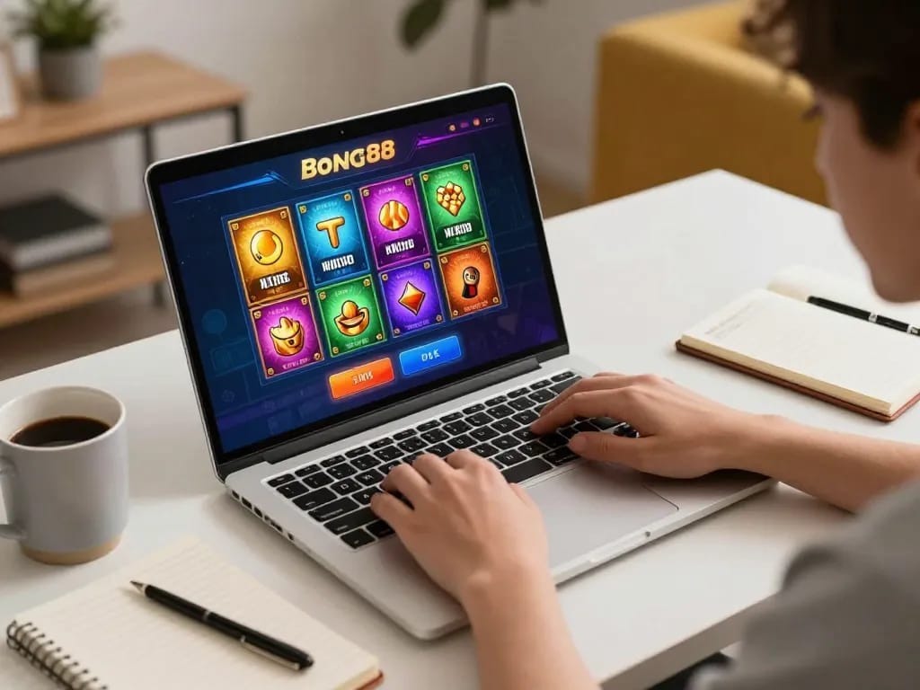 Bong88 player strategizing at home with colorful online casino interface