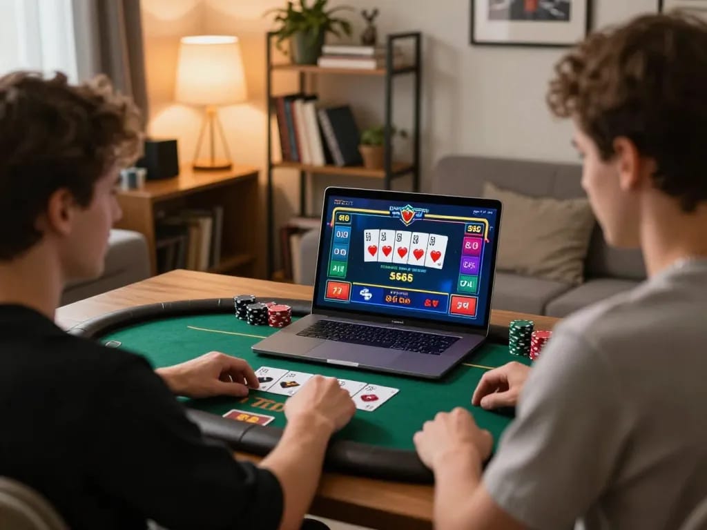 S666 online poker gameplay with a focused player, cozy home office environment, showcasing strategic gameplay.