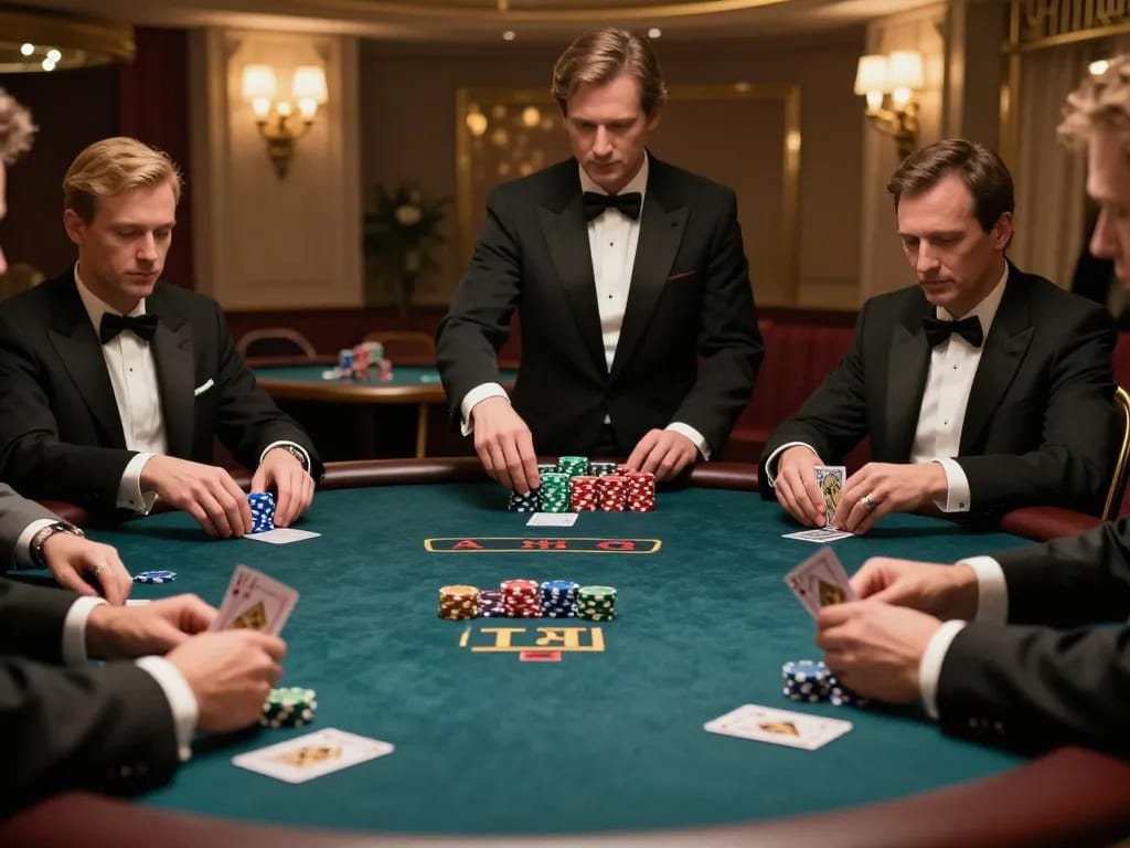 Experience intense strategy at a high-stakes poker game in luxury casino atmosphere with mb66