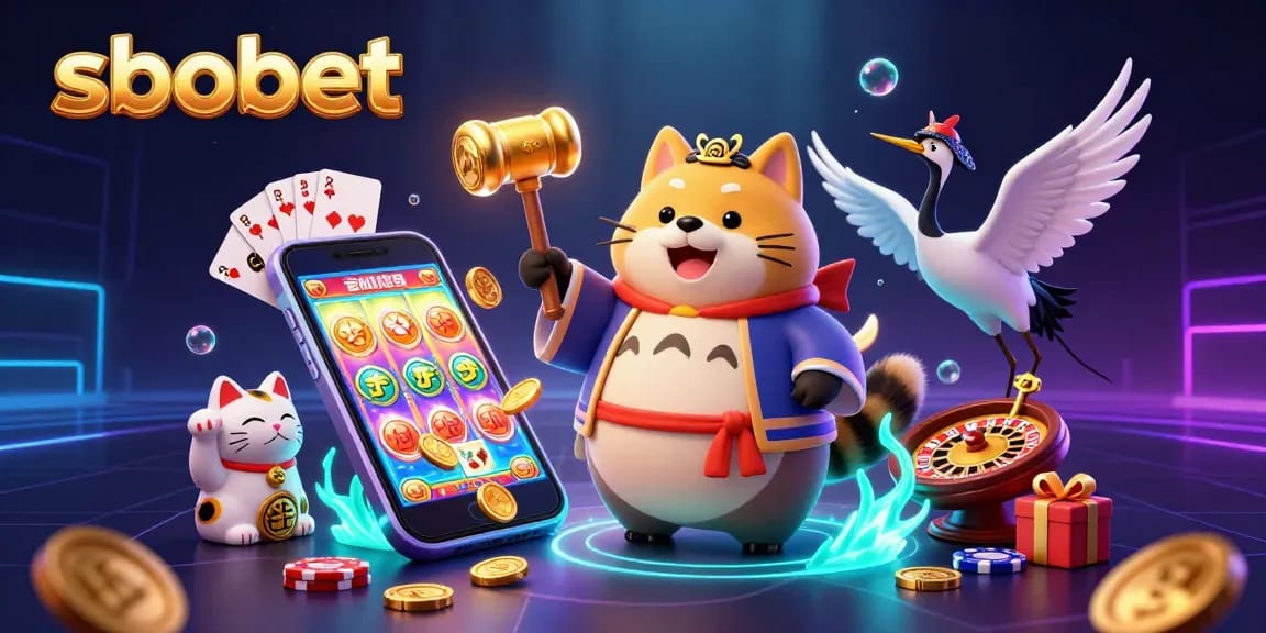 Savour sbobet's thrilling moments as a cheerful tanuki and crane engage in vibrant casino fun.